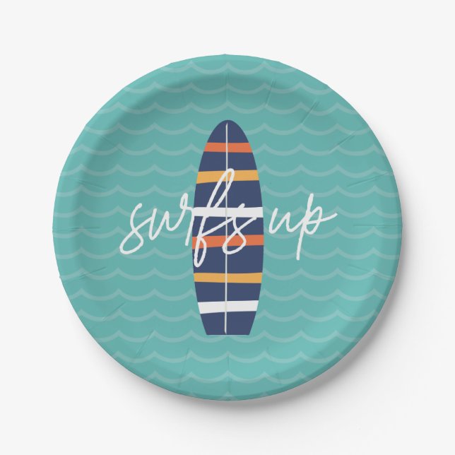 Surfs Up surfboard and waves Birthday Party Paper Plate (Front)