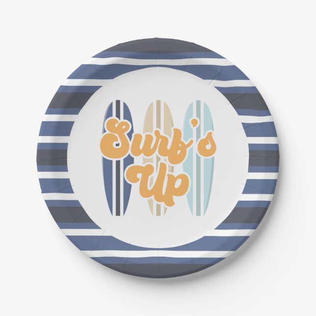 Surf's Up Surfboard Beach Birthday Paper Plates (Front)