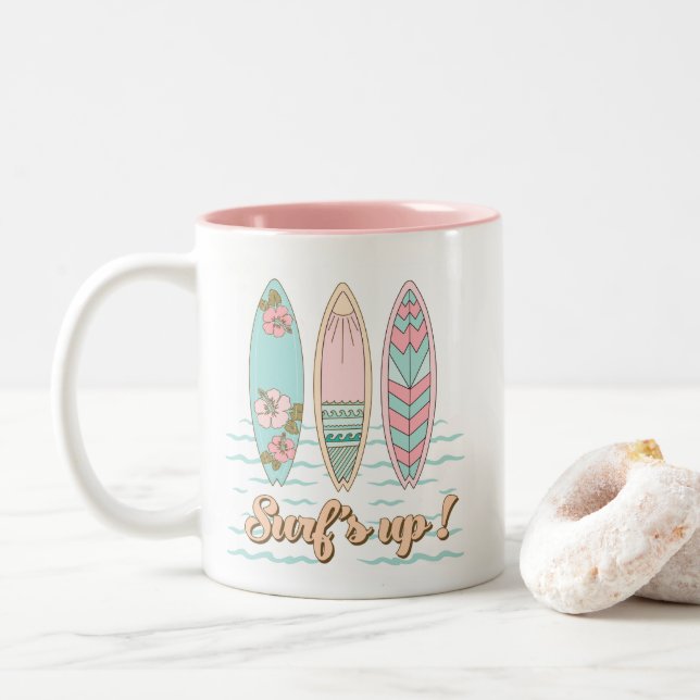 Surfs Up Surfboard Beach Mug  (With Donut)