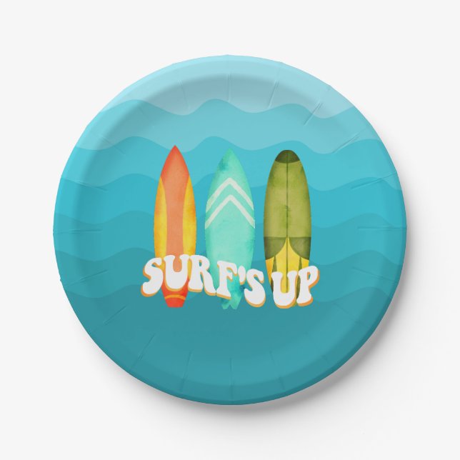 Surfs Up Surfboard Birthday Party Paper Plate (Front)