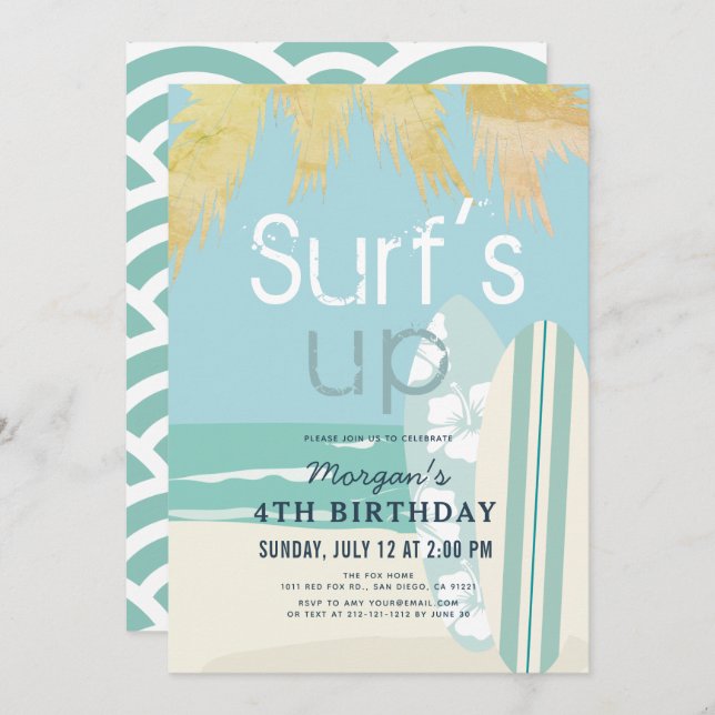 Surf's Up Surfboards Beach Boy Birthday Invitation (Front/Back)