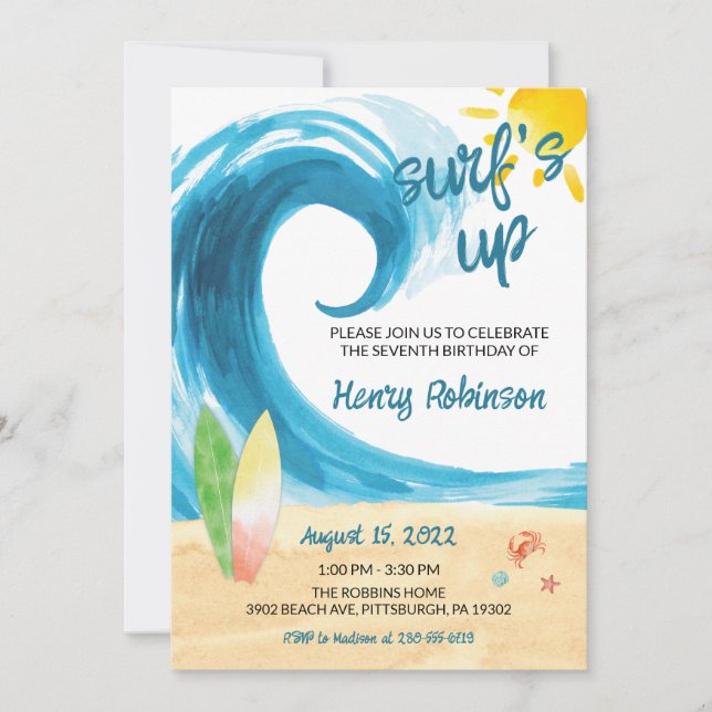 Surf's Up Surfer Beach Birthday Invitation (Front)