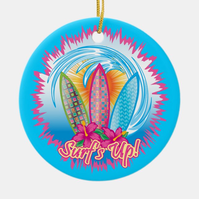 Surf's Up - Surfer Girl Ceramic Ornament (Front)