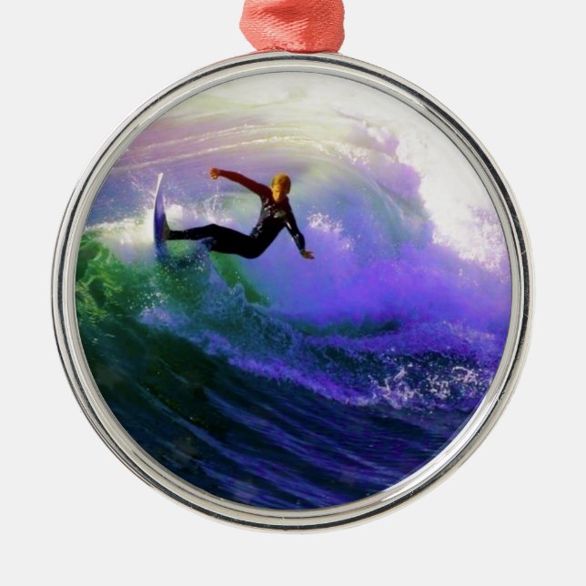 SURFS UP  surfer surfing catching a wave Metal Ornament (Front)