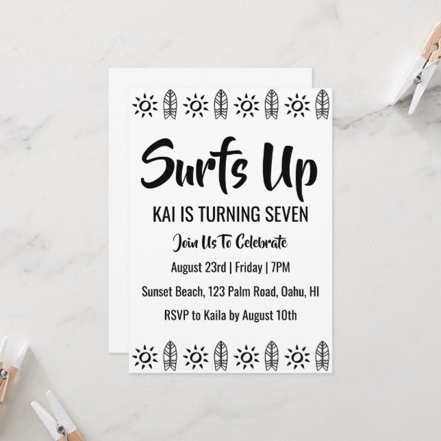 surfs up surfing beach birthday party invitations (Front/Back In Situ)