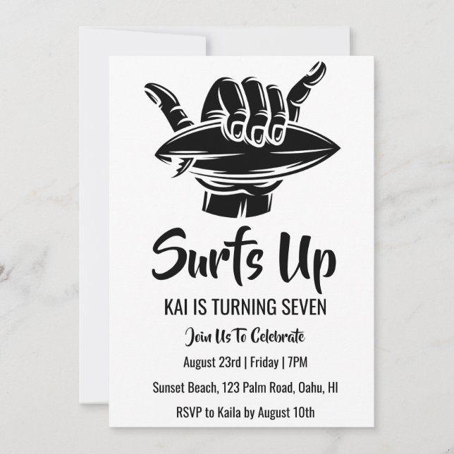 surfs up surfing beach birthday party invitations (Front)