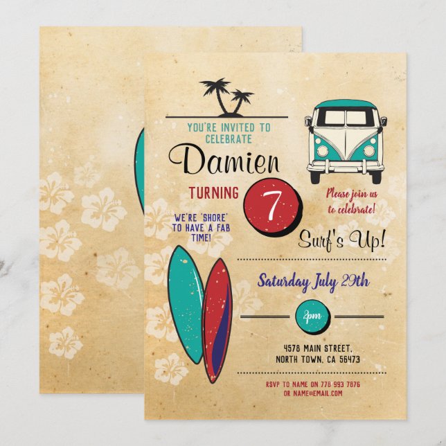 Surfs Up! Surfing Birthday Invite Beach Party Fun (Front/Back)