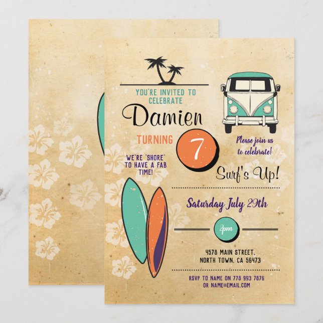 Surfs Up! Surfing Birthday Party Invite Beach Palm (Front/Back)
