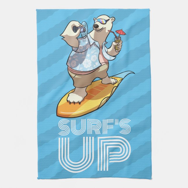 Surf's Up Surfing Polar Bear with Cocktail Cartoon Kitchen Towel (Vertical)