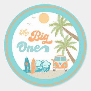 Surf's Up The big One Birthday Party Favour Sticke Classic Round Sticker