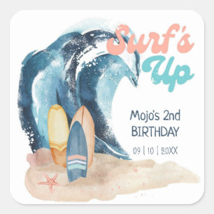 Surf's Up   Tropical Beach Surfing Kids Birthday Square Sticker