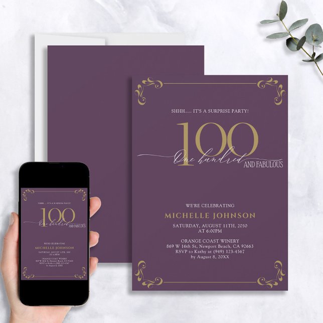 Surprise 100 & Fabulous Purple & Gold Birthday Invitation (Creator Uploaded)