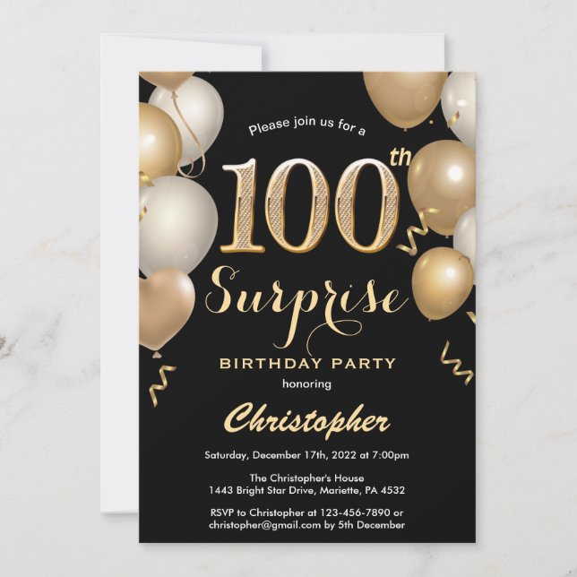 Surprise 100th Birthday Black and Gold Balloons Invitation (Front)