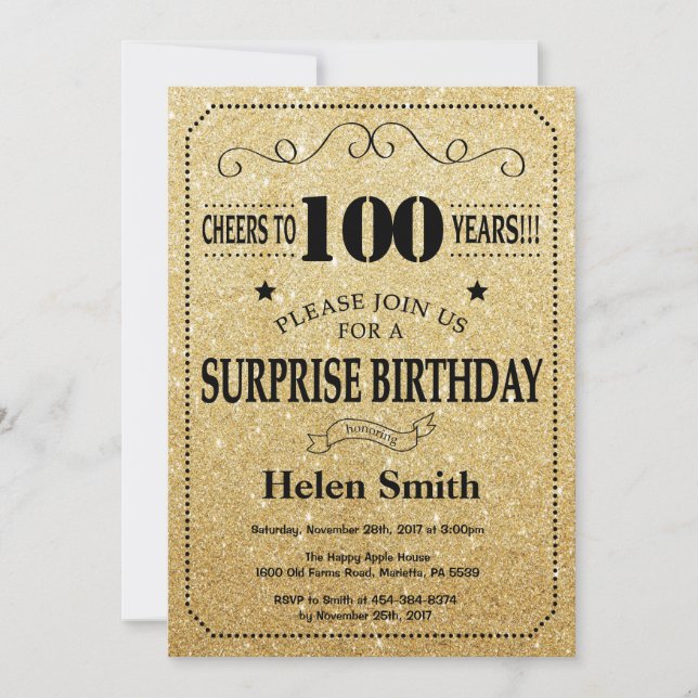 Surprise 100th Birthday Black and Gold Glitter Invitation (Front)