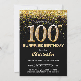 Surprise 100th Birthday Black and Gold Glitter Invitation
