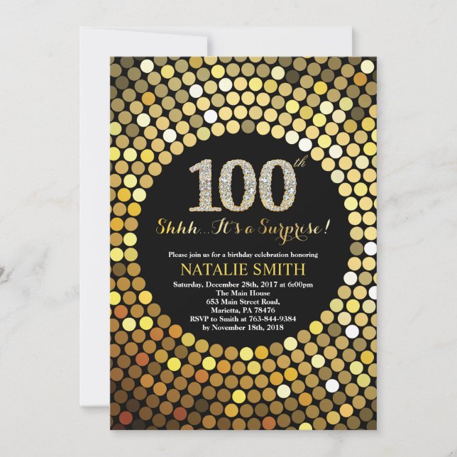 Surprise 100th Birthday Black and Gold Glitter Invitation (Front)