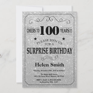 Surprise 100th Birthday Black and Silver Glitter Invitation