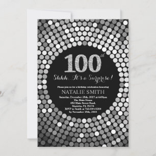 Surprise 100th Birthday Black and Silver Glitter Invitation