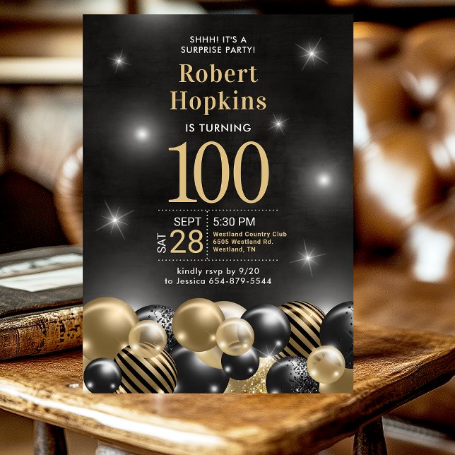 Surprise 100th Birthday Black Gold Balloons Photo  Invitation (Creator Uploaded)