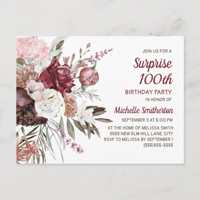 Surprise 100th Birthday Burgundy Blush Pink Floral Postcard (Front)