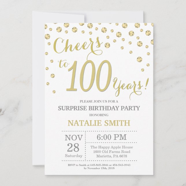 Surprise 100th Birthday Gold Glitter Diamond Invitation (Front)