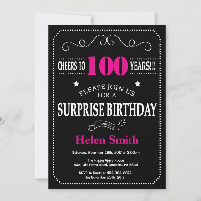 Surprise 100th Birthday Hot Pink and Black Invitation (Front)