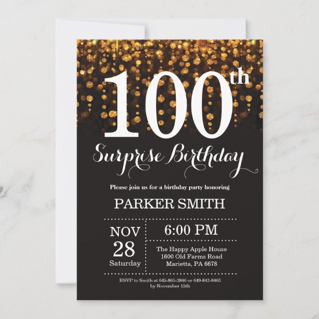 Surprise 100th Birthday Invitation Gold Glitter (Front)