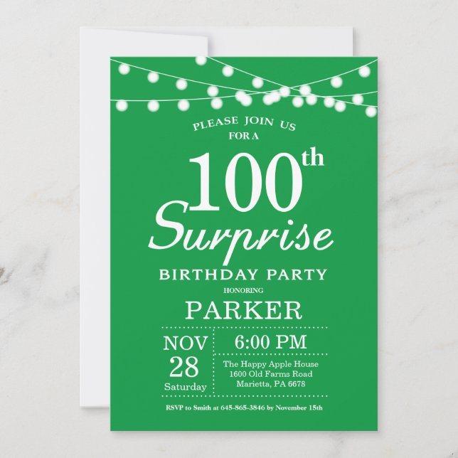 Surprise 100th Birthday Invitation Green (Front)