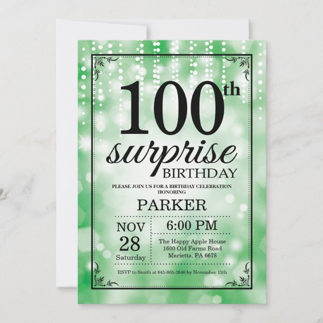 Surprise 100th Birthday Invitation Green Glitter (Front)