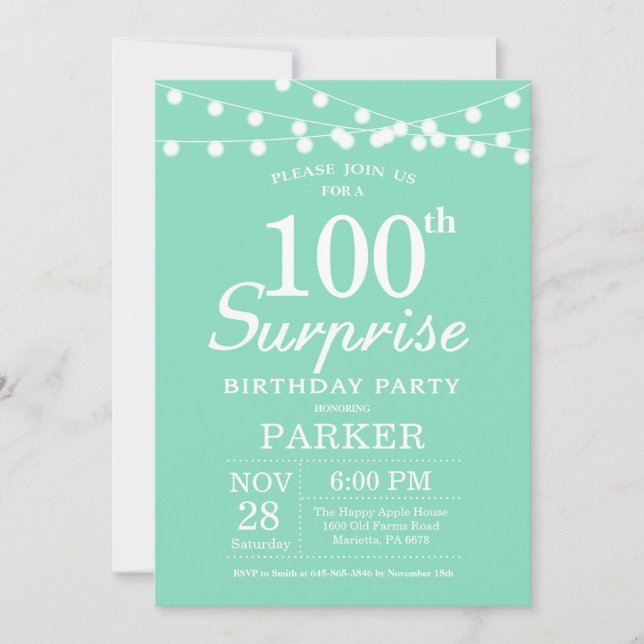 Surprise 100th Birthday Invitation Mint Green (Front)