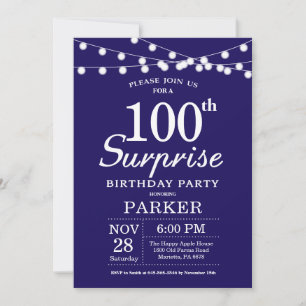 Surprise 100th Birthday Invitation Navy Blue