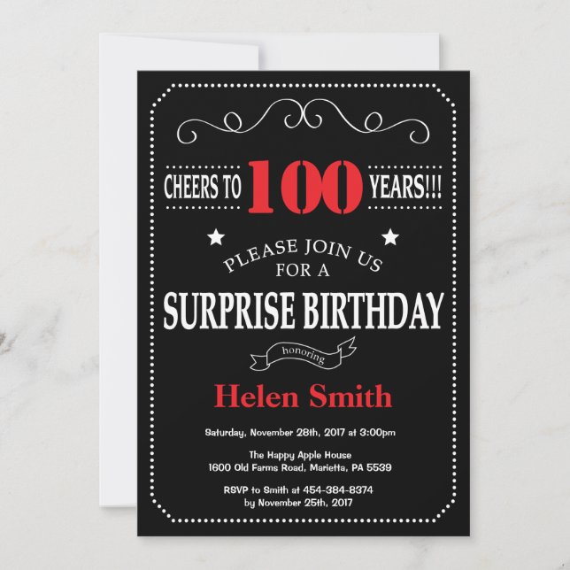 Surprise 100th Birthday Invitation Red and Black (Front)