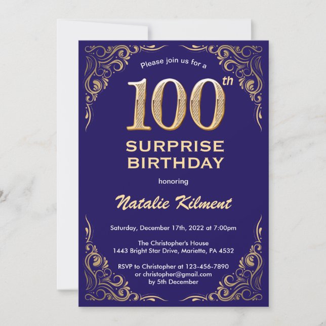 Surprise 100th Birthday Navy Blue and Gold Glitter Invitation (Front)