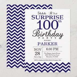 Surprise 100th Birthday Navy Blue Chevron Invitation