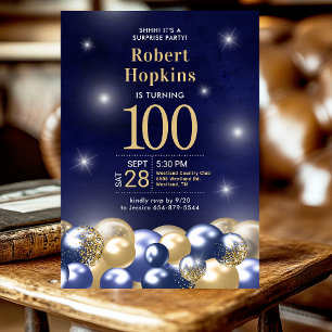 Surprise 100th Birthday Navy Blue Gold Balloons Invitation