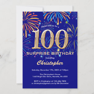 Surprise 100th Birthday Navy Blue & Gold Firework Invitation