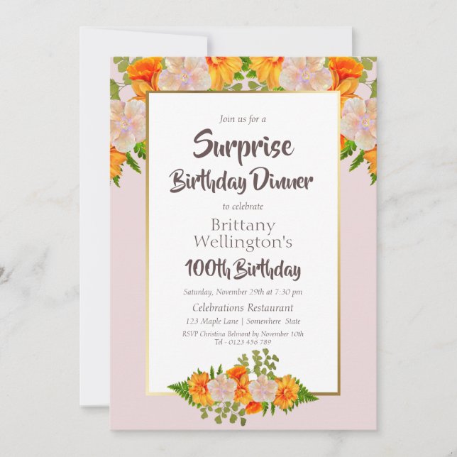 Surprise 100th Birthday Orange Floral Gold Border Invitation (Front)