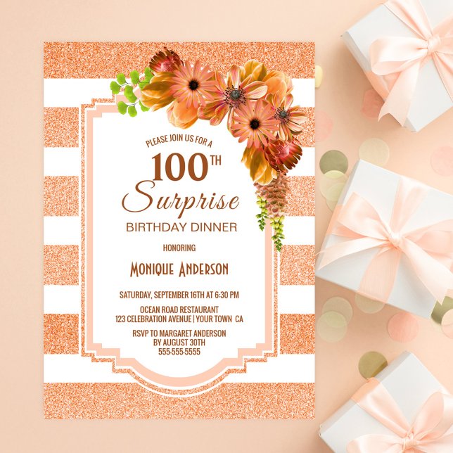Surprise 100th Birthday Orange Floral Party Invitation (Creator Uploaded)