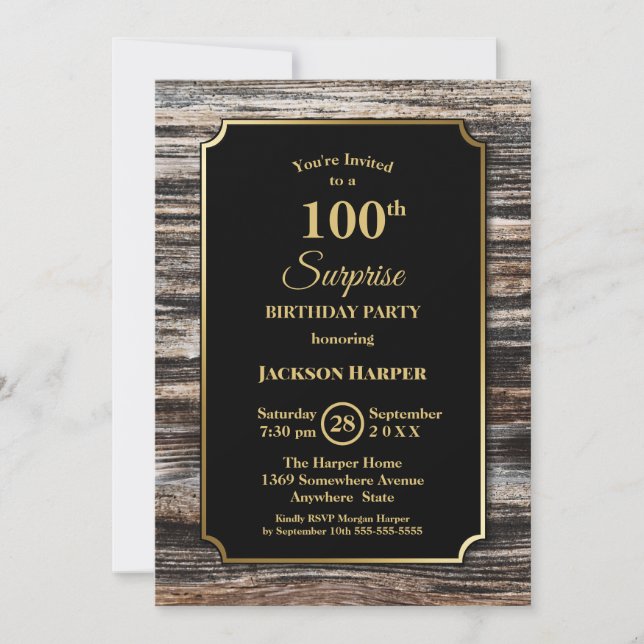 Surprise 100th Birthday Party Gold Frame Wood Invitation (Front)
