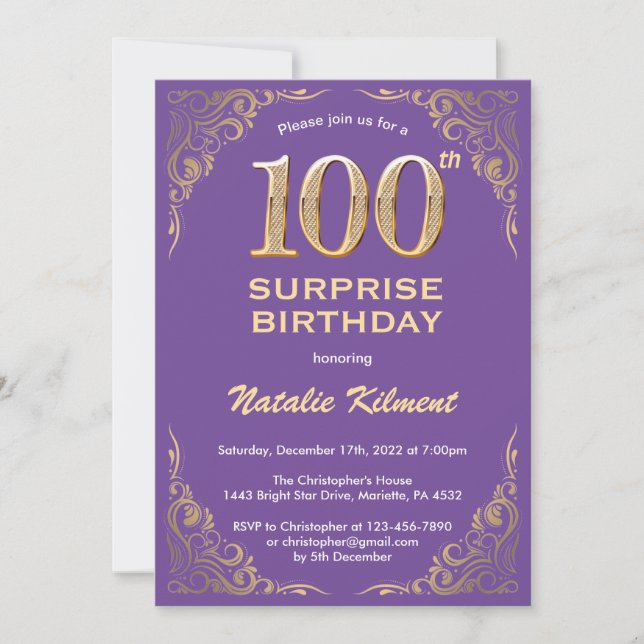 Surprise 100th Birthday Purple and Gold Glitter Invitation (Front)