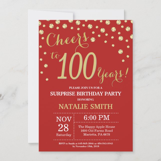 Surprise 100th Birthday Red and Gold Diamond Invitation (Front)