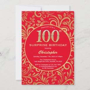 Surprise 100th Birthday Red and Gold Floral Invitation