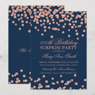 Surprise 100th Birthday Rose Gold Glitter Navy Blu Invitation