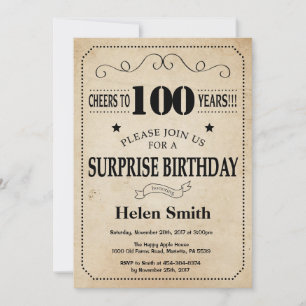 Surprise 100th Birthday Rustic Vintage Retro Invitation