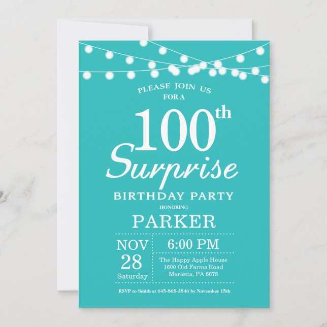 Surprise 100th Birthday Teal Aqua Turquoise Invitation (Front)
