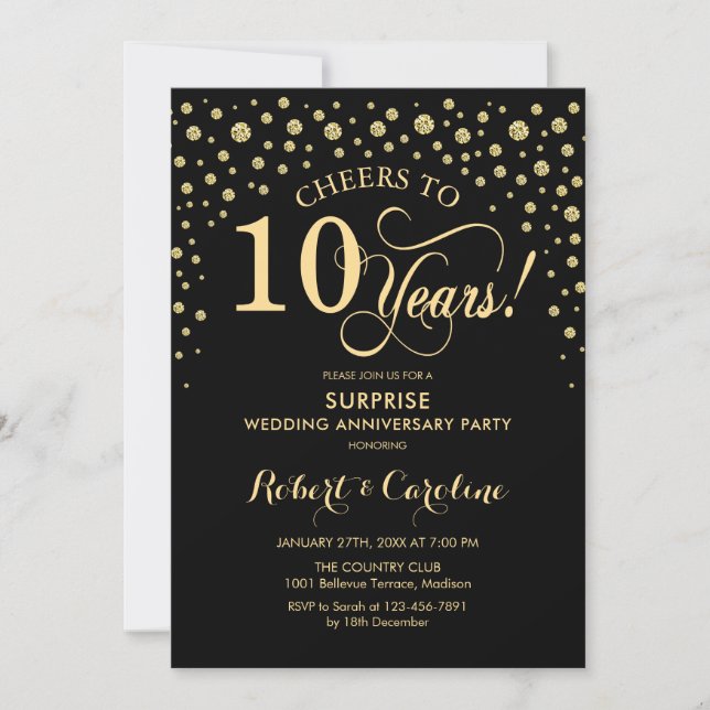 Surprise 10th Anniversary Celebration - Black Gold Invitation (Front)