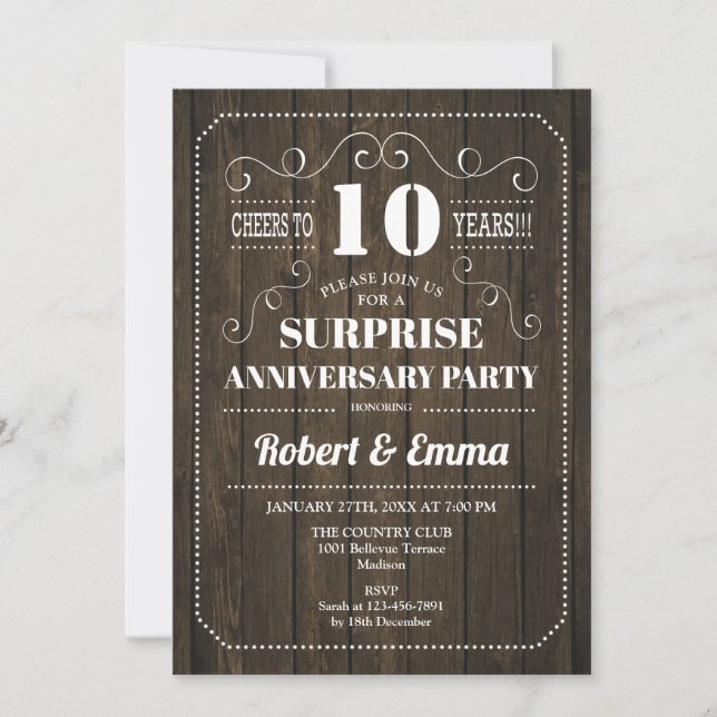 Surprise 10th Anniversary Party - Rustic Wood Invitation (Front)