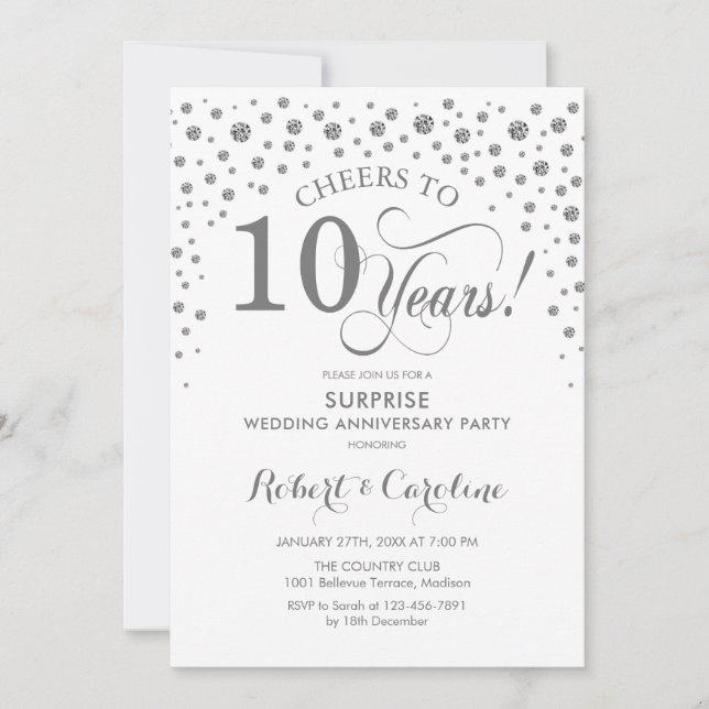 Surprise 10th Anniversary Party - Silver White Invitation (Front)