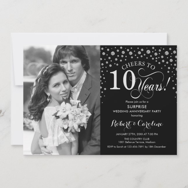 Surprise 10th Anniversary with Photo Black Silver Invitation (Front)