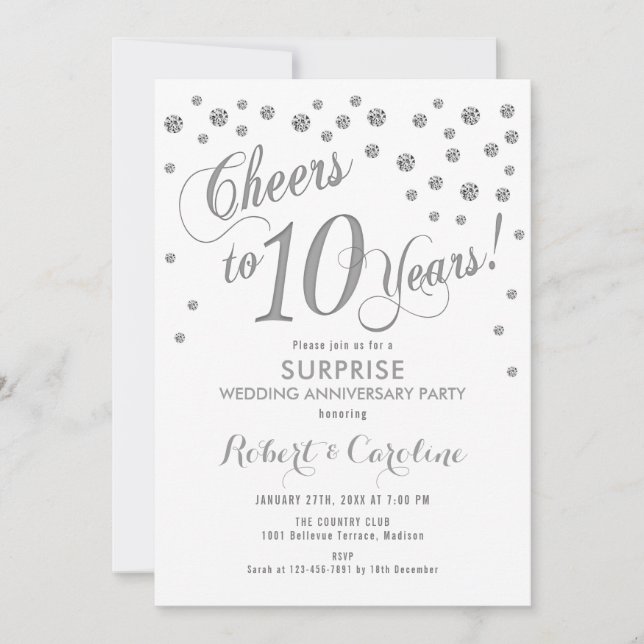 Surprise 10th Wedding Anniversary - White & Silver Invitation (Front)